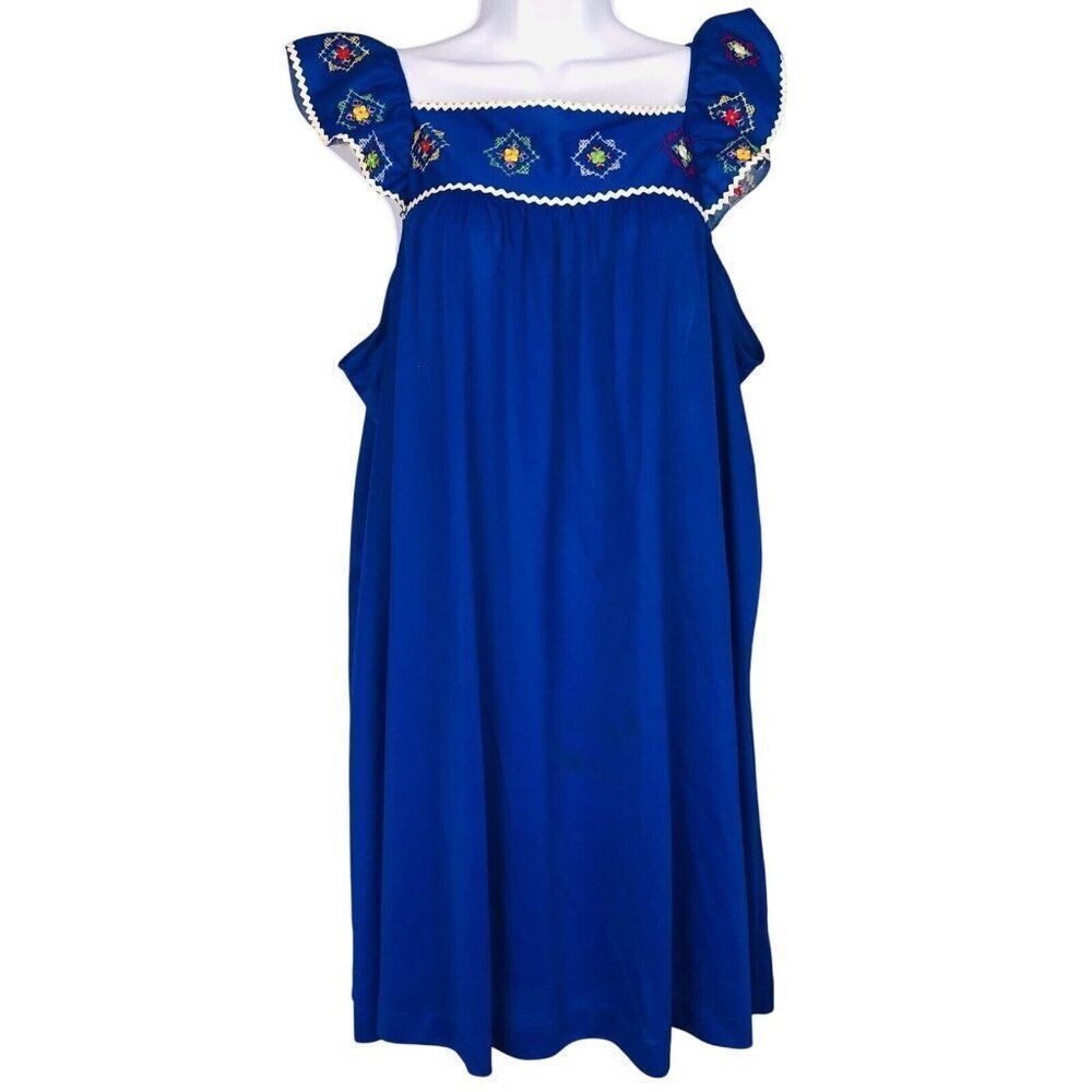 Vintage 70s Lorraine Nightgown Womens L Blue Cross Stitch Sleeveless Sleepwear